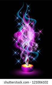 Burning candle and magic stars