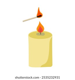 Burning candle and match. Lighting fire. Wooden match. Fire, flame. Flat illustration. Background isolated.