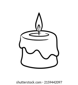 Burning candle with melted wax. Doodle sketch style. Line drawing simple candle with flame. Isolated vector illustration.