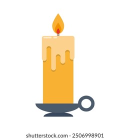 burning candle with melting wax in candlestick, bright yellow flame, item for divination, flat vector icon