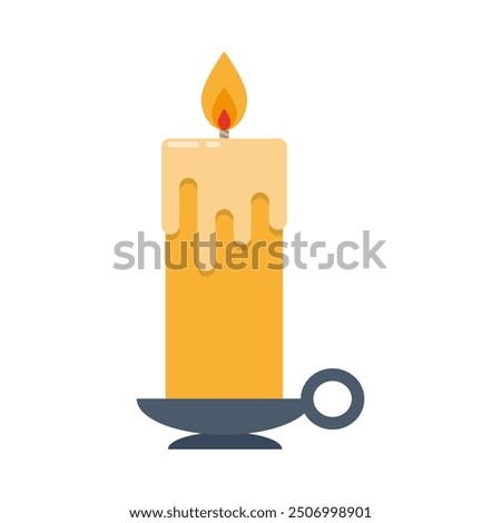 burning candle with melting wax in candlestick, bright yellow flame, item for divination, flat vector icon