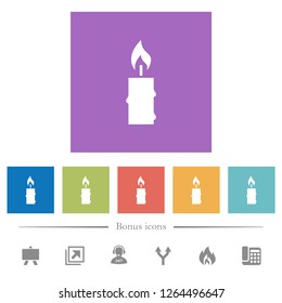 Burning candle with melting wax flat white icons in square backgrounds. 6 bonus icons included.