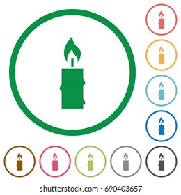 Burning candle with melting wax flat color icons in round outlines on white background