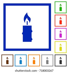 Burning candle with melting wax flat color icons in square frames on white background