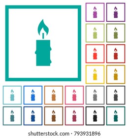Burning candle with melting wax flat color icons with quadrant frames on white background