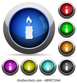 Burning candle with melting wax icons in round glossy buttons with steel frames