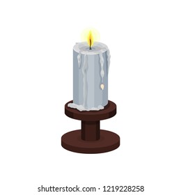 Burning candle with melting wax on small wooden candlestick. Bright yellow flame. Item for divination. Flat vector icon