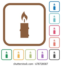 Burning candle with melting wax simple icons in color rounded square frames on white background