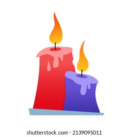Burning candle - modern flat design single isolated object. Neat detailed image of blue and red wax object. The flame gives light and warmth. Religious attribute or decor item. May be aromatic.