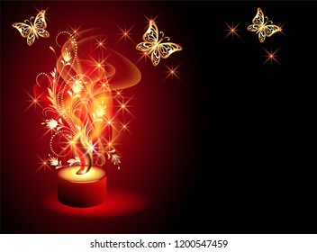 Burning candle with mysterious smoke and golden ornament with fairy magic butterflies. Esoteric concept.