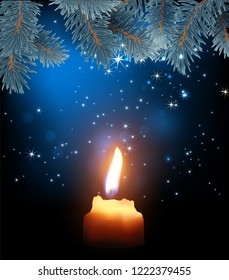 Burning candle on the background of the night starry sky and fir branches. The magical atmosphere of Christmas night. Highly realistic illustration