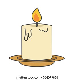 Burning candle on beige plate flat style close-up icon isolated on white. Melting candlelight glowing yellow and orange flame. Vector illustration hand drawn pattern in cartoon style for web.