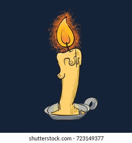 Burning candle on a black background. Vector illustration, isolated.