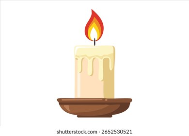 Burning candle on a candlestick with dripping wax vector illustration