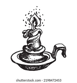 Brennende Kerze auf einem Kerzenhalter, handgezeichnete Illustration.