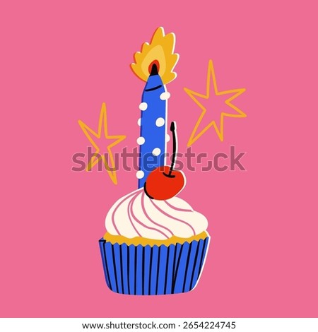 Burning Candle on a Cupcake. Tasty dessert with cherry. Hand drawn modern Vector illustration. Isolated design element. Birthday celebration, party, anniversary concept. Sticker, logo, print template