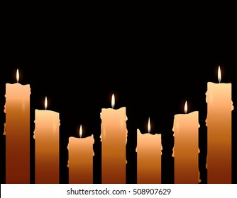 Burning candle on dark background. Photo realistic vector illustration. Template.