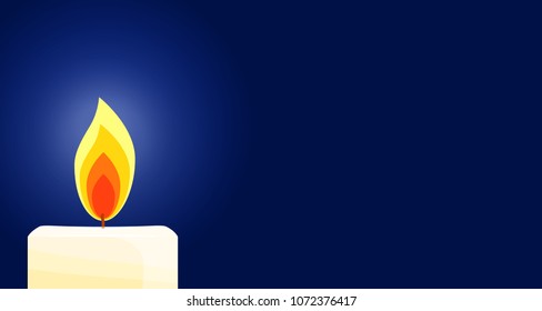 Burning candle on dark blue background, memorial candle, banner with space for text. Vector Illustration