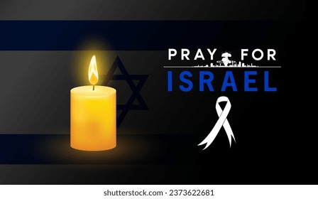 Burning candle on flag and Pray For Israel. Condolence on war people died. Light one candle with nation flag on a black background. Banner for news. Vector EPS10. with space for text.