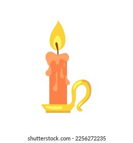 Burning candle on golden holder vector illustration. Cartoon drawing of funny spooky Halloween element isolated on white background. Halloween, fantasy concept