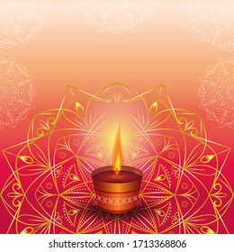 Burning candle on a golden mandala. Background for the festival of the festival of lights Diwali. Vector illustration
