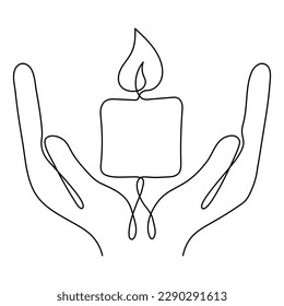 Burning candle on human hands continuous line drawing art. Memorial linear symbol. Vector illustration isolated on white.	