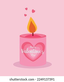 Brennende Kerze auf Pinks Herz und Text Happy Valentinstag