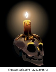 Burning candle on skull isolated on black background. Mystery illustration in vector