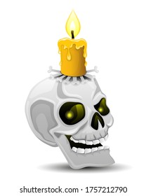 Burning candle on a skull on a white background.