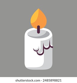 A burning candle on a stand. warm cozy illustration.