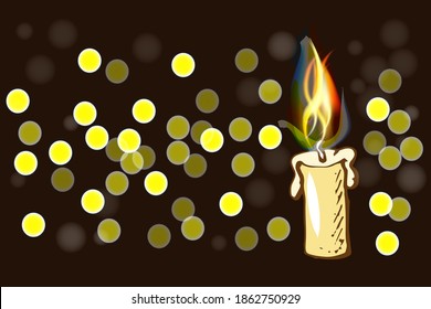 Burning candle on table against blurred dark black background Holidays, Christmas, greeting card Happy New Year,  vector illustration