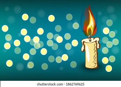 Burning candle on table against blurred dark green background Holidays, Christmas, greeting card Happy New Year,  vector illustration