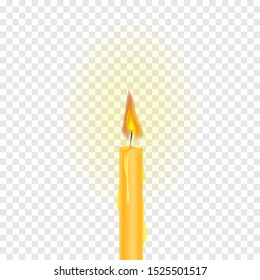 Burning candle on a transparent background. Realistic vector illustration