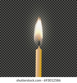 Burning candle on a transparent background. Realistic vector illustration.