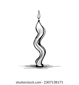 Burning candle one line art, doodle hand-drawing, isolated sketch on white background, concept of comfort and romance.