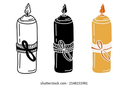 Burning candle. Outline, in silhouette and colorful illustration isolated on white background. Hand drawn  design elements. Vector illustration.