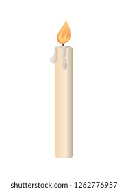 Burning candle from paraffin wax in flat style isolated on white. 3D design holiday celebration symbol or light object, vector icon of church symbol