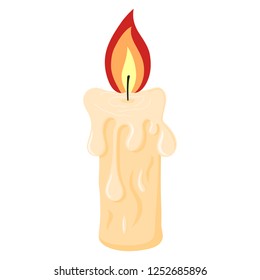 Burning Candle from Paraffin Wax for Your Design. Vector Illustration isolated on white background. Cartoon Style. Holiday Elements.