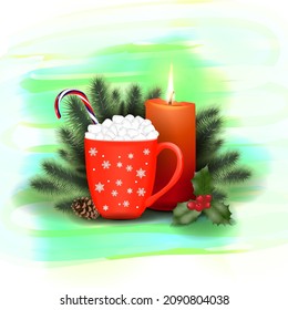 Burning candle, pine branches, mistletoe, cup with marshmallows, creamy candy for banners, posters, flyers, social media. Christmas, New Year, winter. Vector illustration on watercolor background.