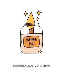 Burning candle with pumpkin pie scent in doodle style. Aroma candle in a transparent jar with a wooden wick. Hand drawn illustration isolated on white background.