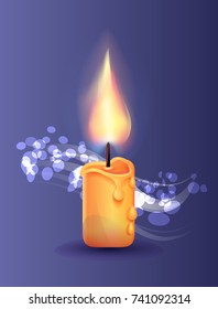 Burning candle in realistic design vector illustration isolated on blue background. Magic glitter of blurred lights around candlelight