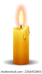 Burning candle. Realistic yellow wax with fire flame