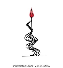Burning candle with red flame, line art, fantasy shape, doodle hand-drawing, isolated sketch on white background.