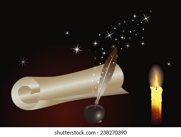 Burning candle with scroll of paper. Magic inkwell and feather in bright radiance. Vector illustration