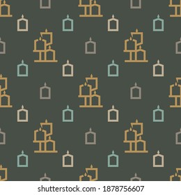 Burning candle seamless pattern. Line burning candle and candlestick on green background