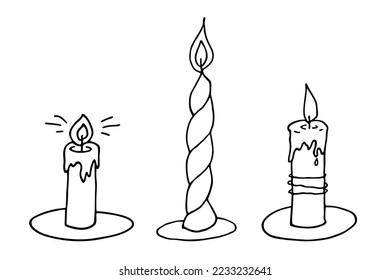 Burning candle set. Doodle illustration. Hand drawn clipart for card, logo, design