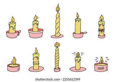 Burning candle set. Doodle illustration. Hand drawn clipart for card, logo, design