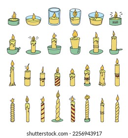 Burning candle set. Doodle illustration. Hand drawn clipart for card, logo, design