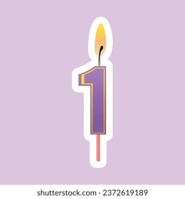 Burning candle in shape of figure 1 on lilac background