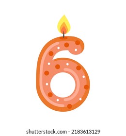 Burning candle in shape of figure 6 on white background